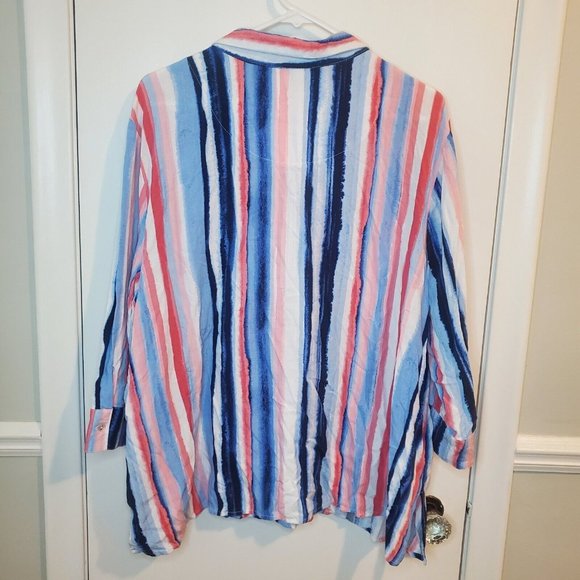 Allison Daley Top Women's 2X Blue Pink White Stripe 3/4 Roll Sleeve Button up - Picture 3 of 6